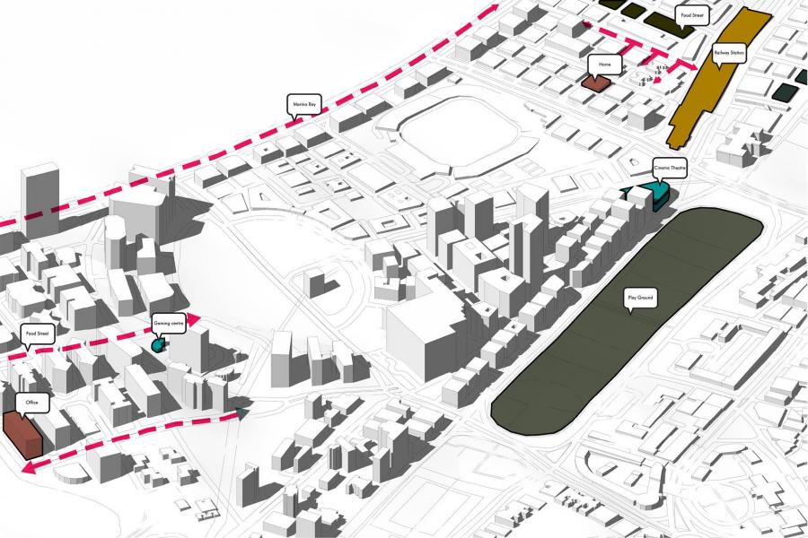 3D city map with tall buildings, a park labeled "Play Ground," and marked routes.