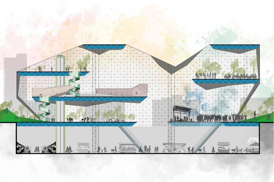Cross-section of a modern, multi-level building design with geometric glass structures, green terraces, and busy interior spaces, evoking innovation and activity.