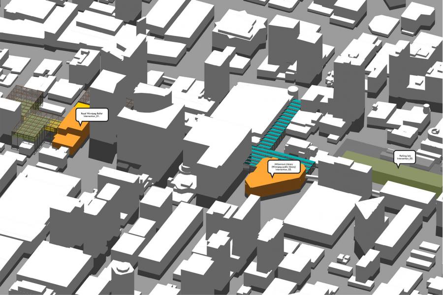 3D map displaying a cityscape with white buildings; highlighted areas include orange shapes for points of interest and blue pathways.
