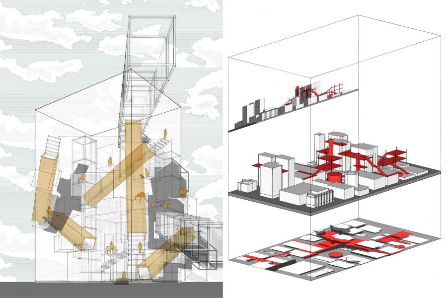 On the left, a complex architectural structure features transparent cubes and diagonal wooden pathways. On the right, a layered 3D urban model with red pathways.