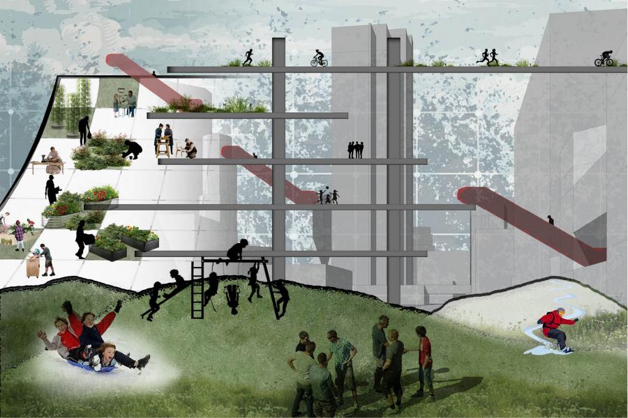 Illustrative cross-section of a multi-level park with people gardening, sitting, cycling, playing, and walking. 