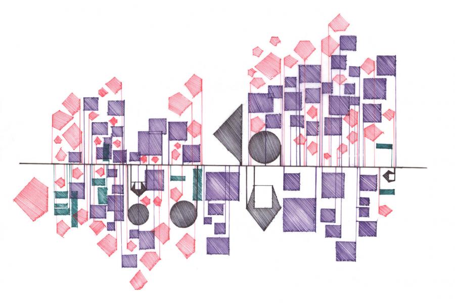 Abstract geometric artwork features intersecting lines dividing red, purple, and teal shapes. Elements include circles, squares, pentagons, conveying modernity.