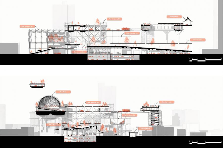 Architectural sectional drawing showcasing a multi-level urban structure with platforms, vegetation, and labeled areas like "Running Track" and "Play Structures."