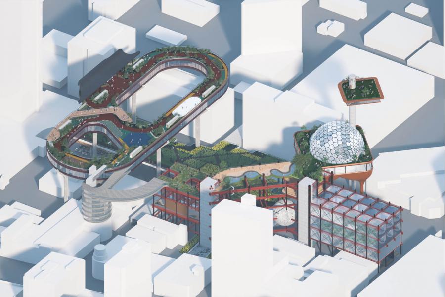Futuristic urban structure with a circular elevated pathway, lush greenery, and a geodesic dome, set among abstract white blocks resembling buildings.