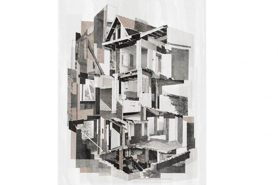 Collage of a deconstructed house with layered walls, beams, and windows.