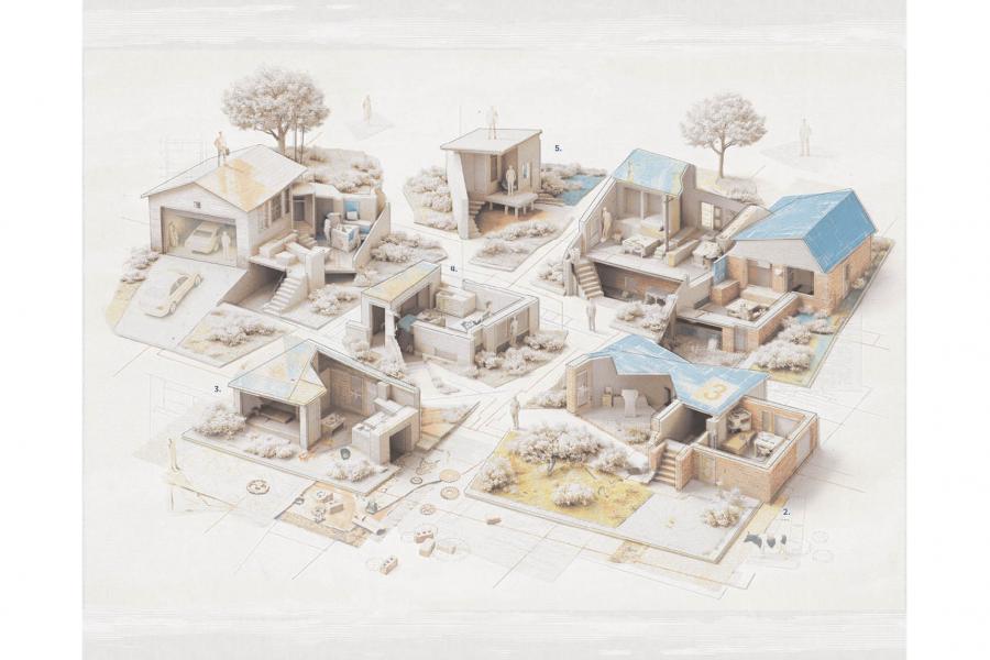 Isometric illustration of stylized houses, each with unique architectural elements, surrounded by minimal landscaping and trees on a light background.