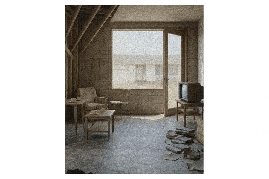 Cozy, dim room with bare walls, armchair, small tables, and an old TV. A large window reveals a blurry suburban view. 