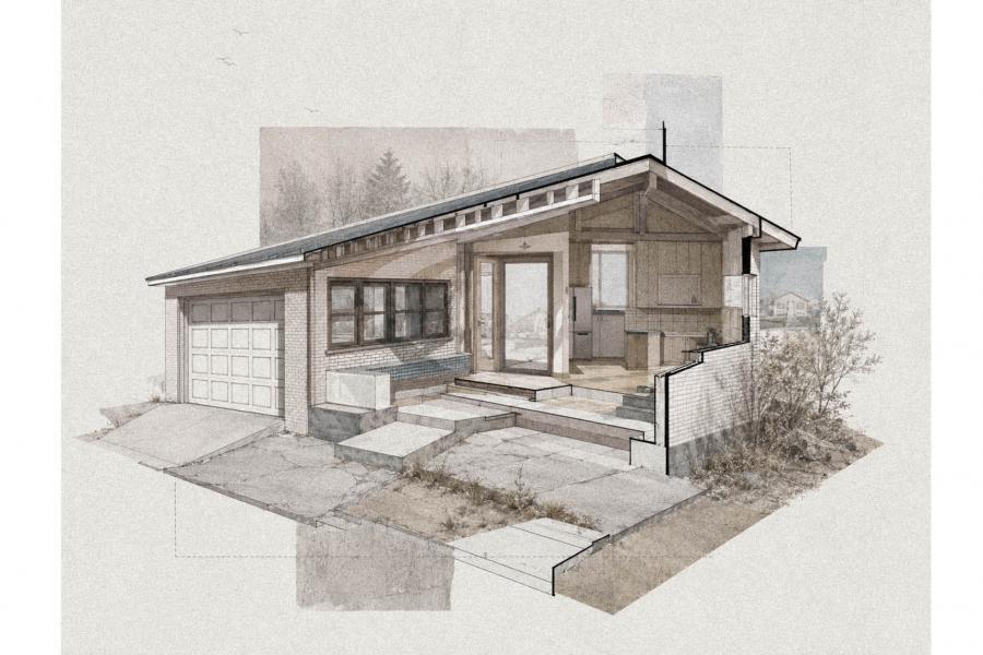 An architectural rendering of a modern, single-story house with a slanted roof. The design includes a garage, large windows, and a porch, surrounded by natural landscaping.