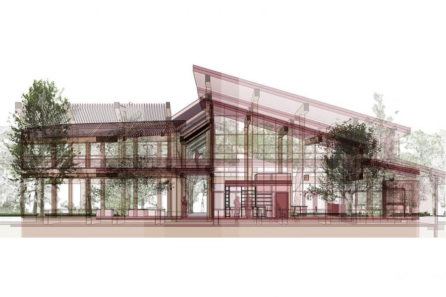 A modern architectural rendering of a two-story building with large windows, surrounded by trees. 