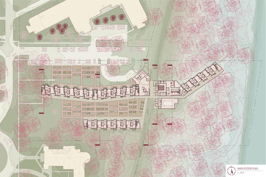 Architectural floor plan of a building complex, surrounded by trees.
