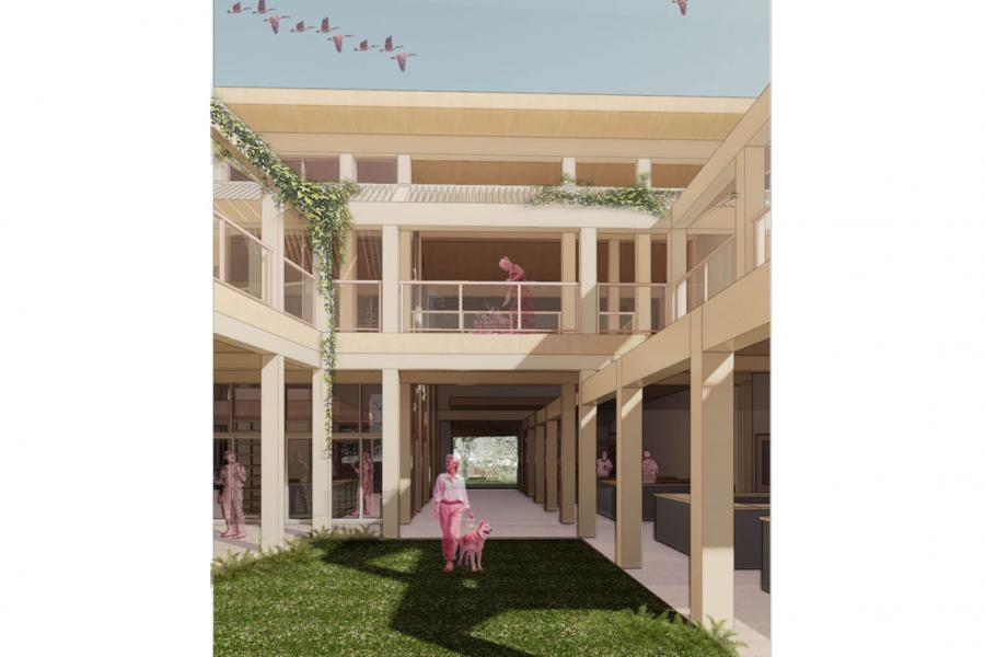 Modern architectural courtyard with columns and upper glass railings.