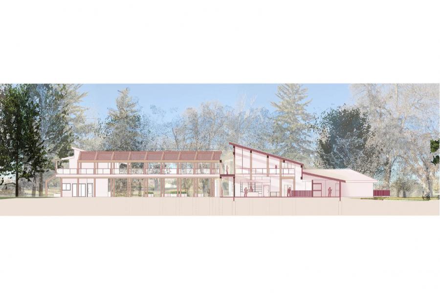 Architectural rendering of a modern, two-story building with large glass windows, set in a wooded area.