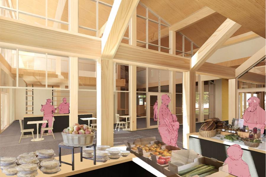Spacious market interior with high ceilings, wooden beams, and large windows. Pink silhouettes represent people browsing produce and goods. 
