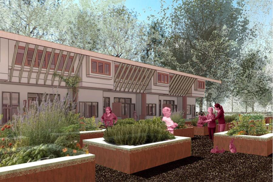 A community garden scene with diverse people tending to raised plant beds. Modern building and lush trees in the background.