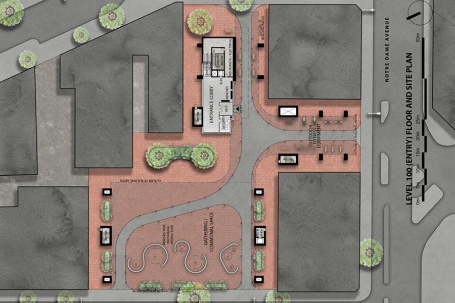 Site plan map showing an outdoor courtyard area with pathways, green spaces, and labeled structures.