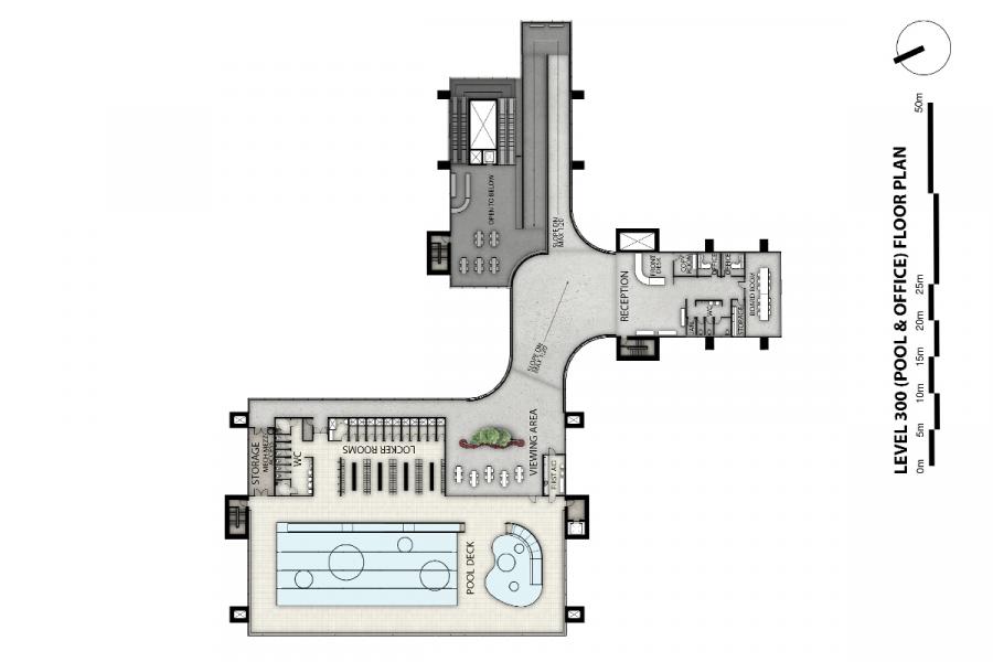 Floor plan of Level 300 featuring a large pool with a deck, locker rooms, viewing area, and reception.