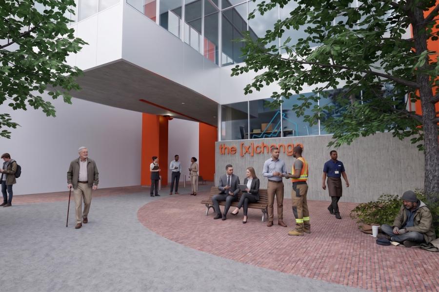 People gather outside a modern building labeled "the [x]change," featuring diverse individuals interacting, with trees creating a welcoming atmosphere.