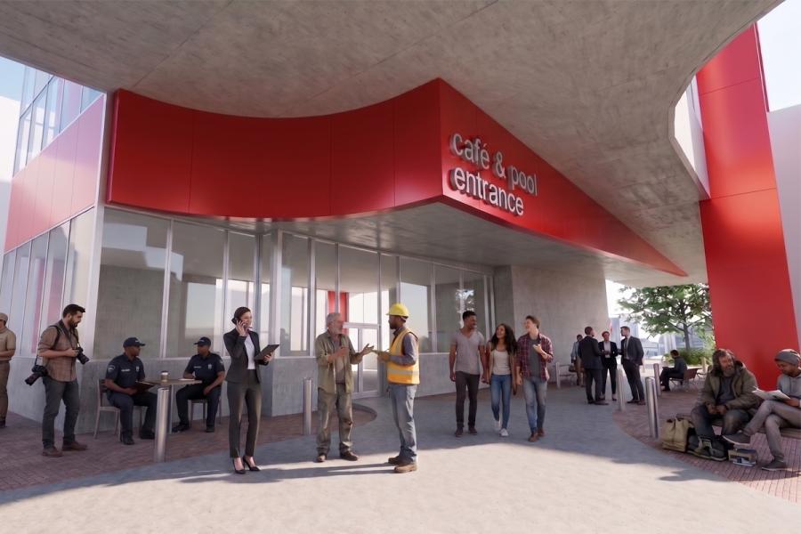 People gather outside a building featuring a "café & pool entrance" sign.