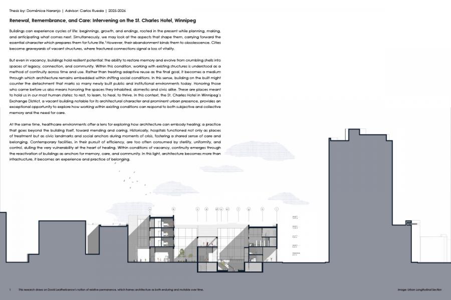 The diagram depicts a multi-story building section, focusing on structural details and interior spaces.