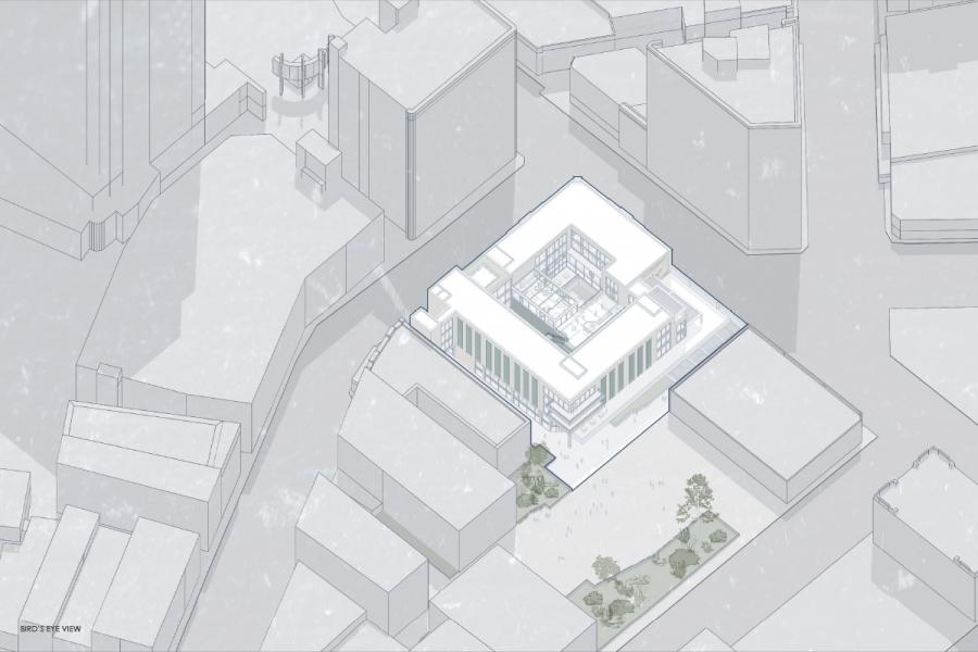 Aerial architectural rendering of a modern building in an urban setting, surrounded by muted structures and roads.