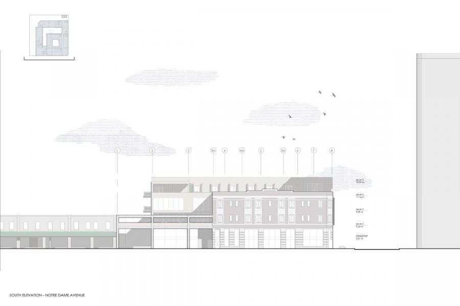 Architectural elevation drawing of a building on Notre Dame Avenue. 