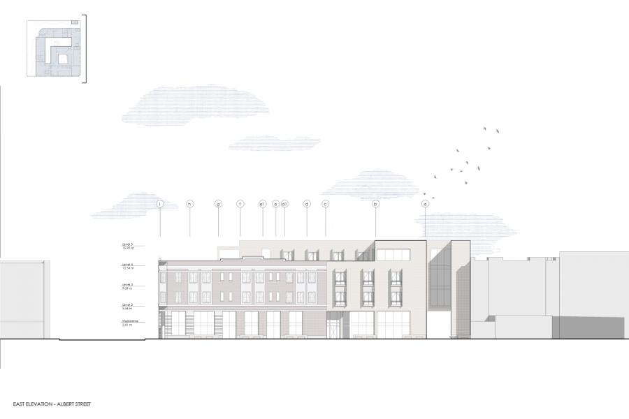Architectural illustration of a three-story building on Albert Street, featuring windows, a modern facade, and a roof terrace.