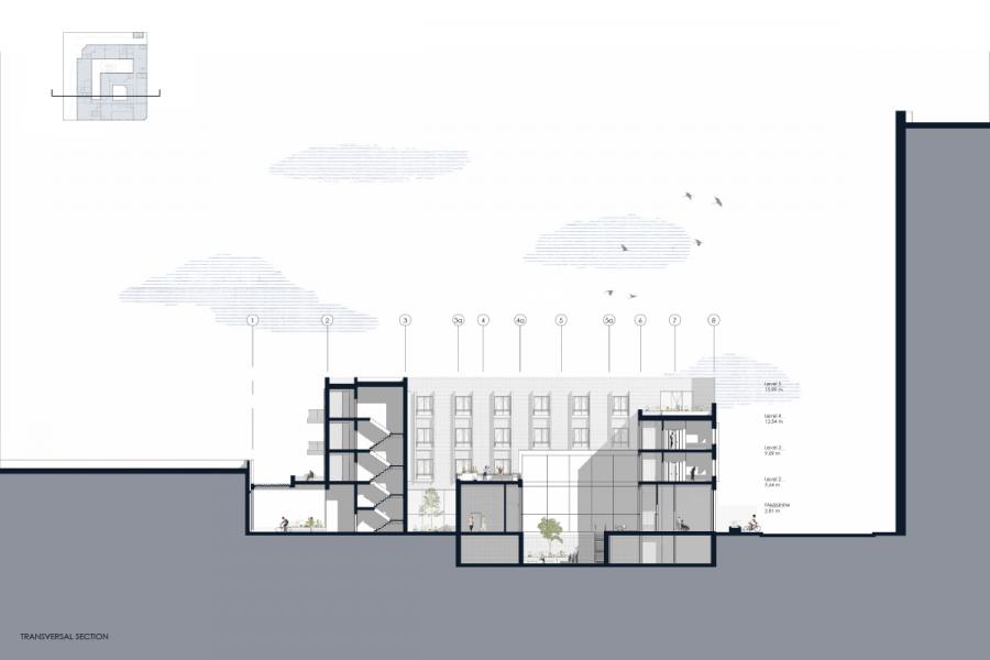 Cross-section architectural drawing of a multi-level building, showing interior stairs, rooms, and open spaces.