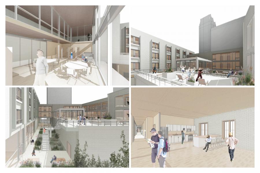 A collage of architectural renderings shows a modern building. It includes interior spaces with people, a communal courtyard, and walkways, conveying a sense of openness and community.