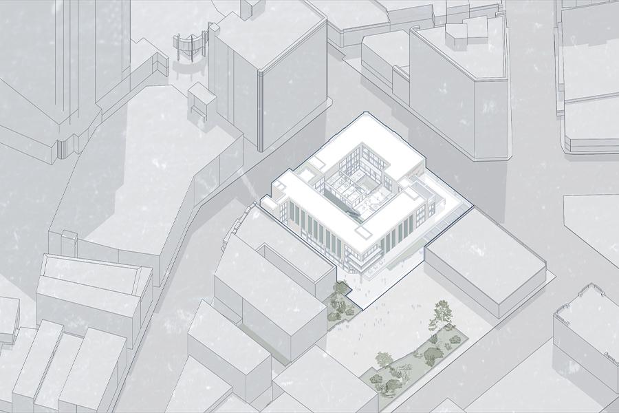 Isometric architectural rendering depicting a modern, glass-walled building surrounded by urban structures, conveying a clean, minimalist design.
