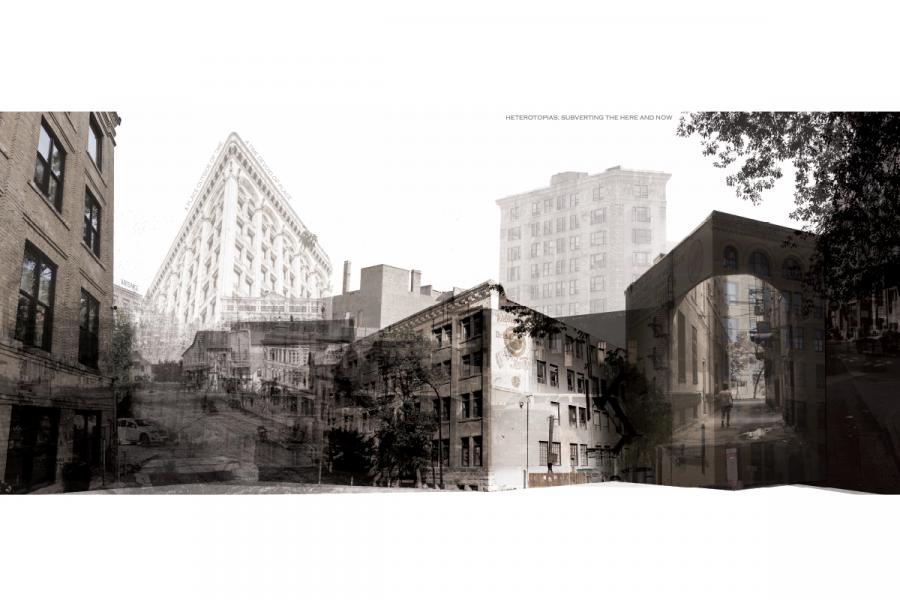 Monochrome collage of overlapping cityscapes blends historic and modern buildings, creating an architectural time-travel effect with a nostalgic tone.