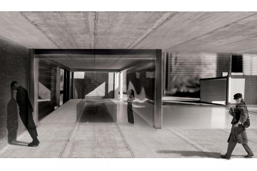 Monochrome image of a modern concrete interior with three blurred figures.