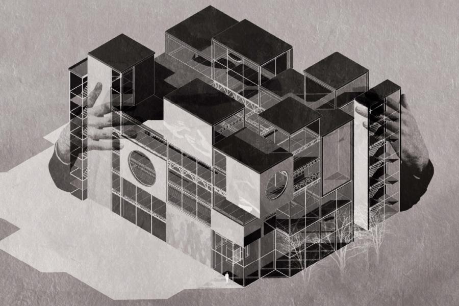 A grayscale collage of a modern, geometric building overlaid with two large hands. The composition blends architecture and human elements, evoking creativity.
