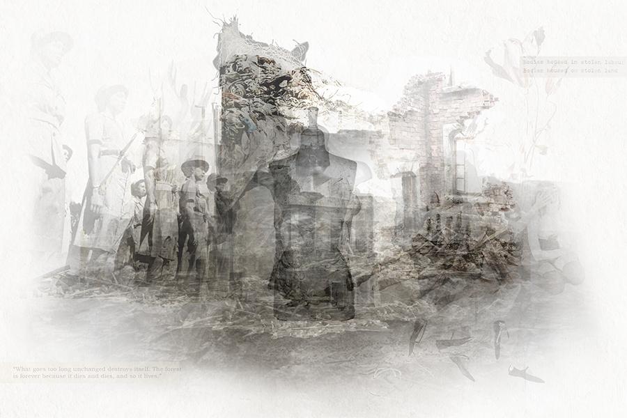 A sepia-toned collage features silhouetted figures, historical scenes, and an abstract pattern, creating a nostalgic and reflective mood.