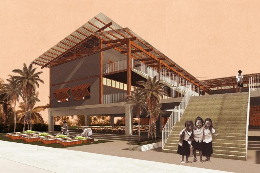 A modern school building with slanted roof and open design, surrounded by palm trees.
