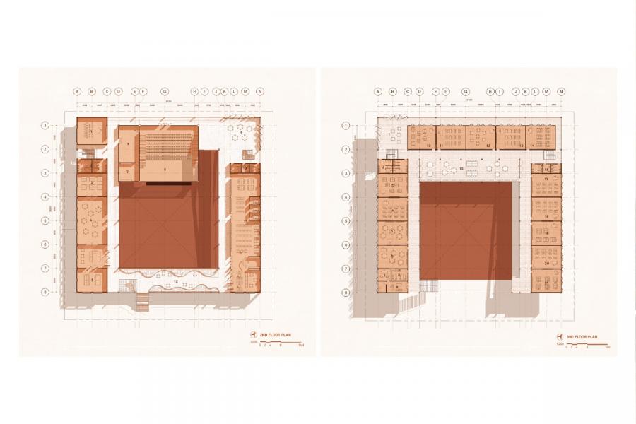 Two architectural floor plans. The left shows a central open space with adjacent rooms on three sides. The right has rooms forming a U-shape around a larger central area.