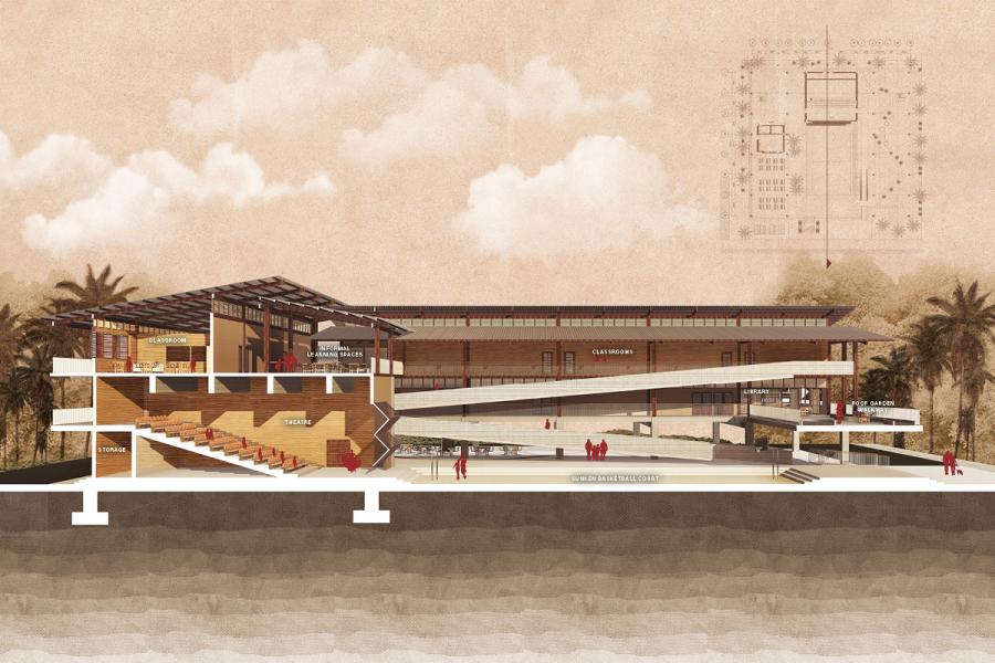 Cutaway architectural illustration of a modern building with visible classrooms, seating, and a rooftop garden.