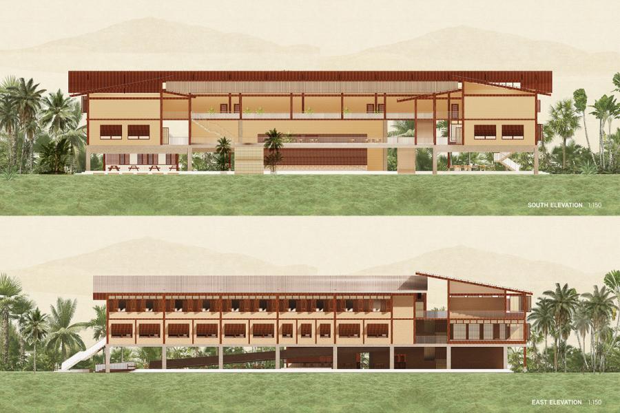 Architectural elevation drawings of a modern building, featuring wooden accents, large windows, and greenery.