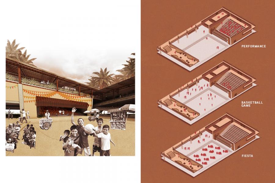 A community scene with smiling children holding a ball, food stalls, and festive bunting. Adjacent, three diagrams show space usage for performance, basketball, and a fiesta.