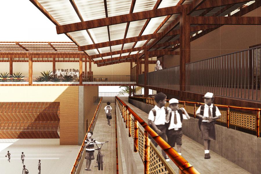 Children in school uniforms walk and ride a bike on an exterior ramp of a sunlit, multi-tiered wooden school building, promoting a lively, educational environment.
