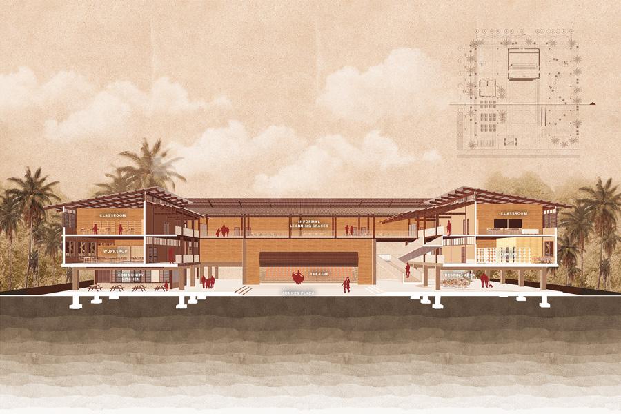 Illustration of a modern, elevated wooden building with classrooms and workspaces, set against a tropical backdrop with palm trees.