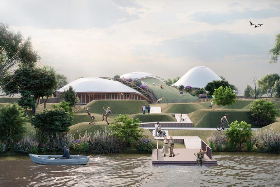 Modern park with grass-covered domes, people walking and cycling, and a serene river with a small boat.