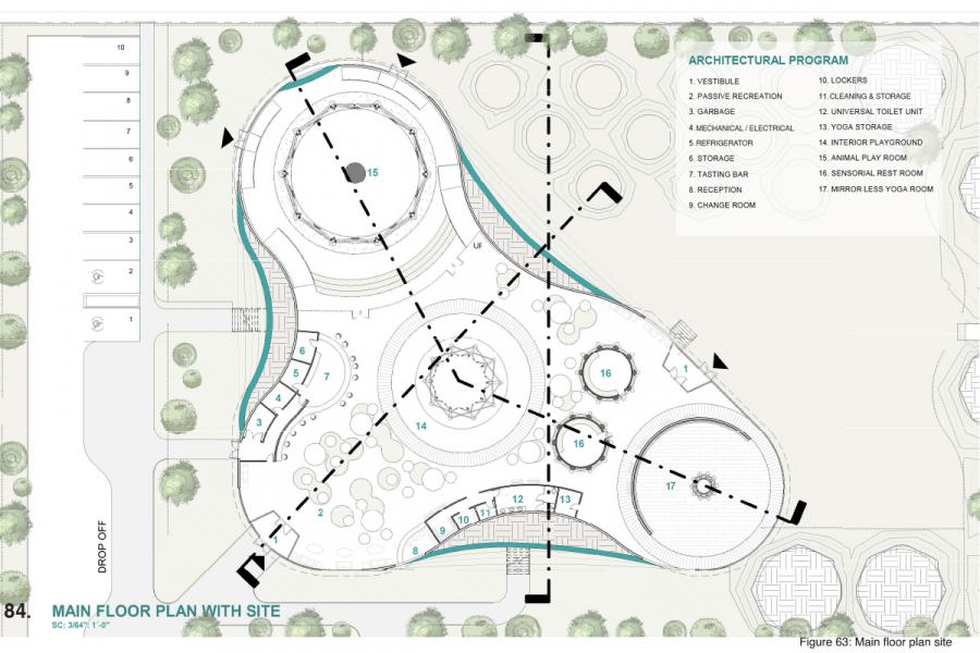 Architectural floor plan with labeled sections, including vestibule, yoga rooms, playgrounds, and sensory rooms. 