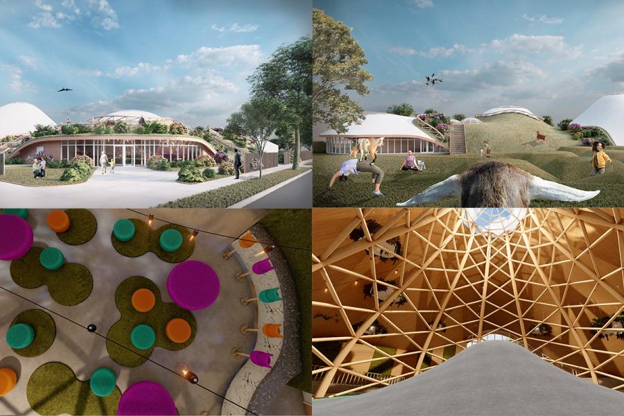 Collage of futuristic architecture: organic, plant-covered domes, playful people outside, interior with colorful seating, wooden geometric ceiling.