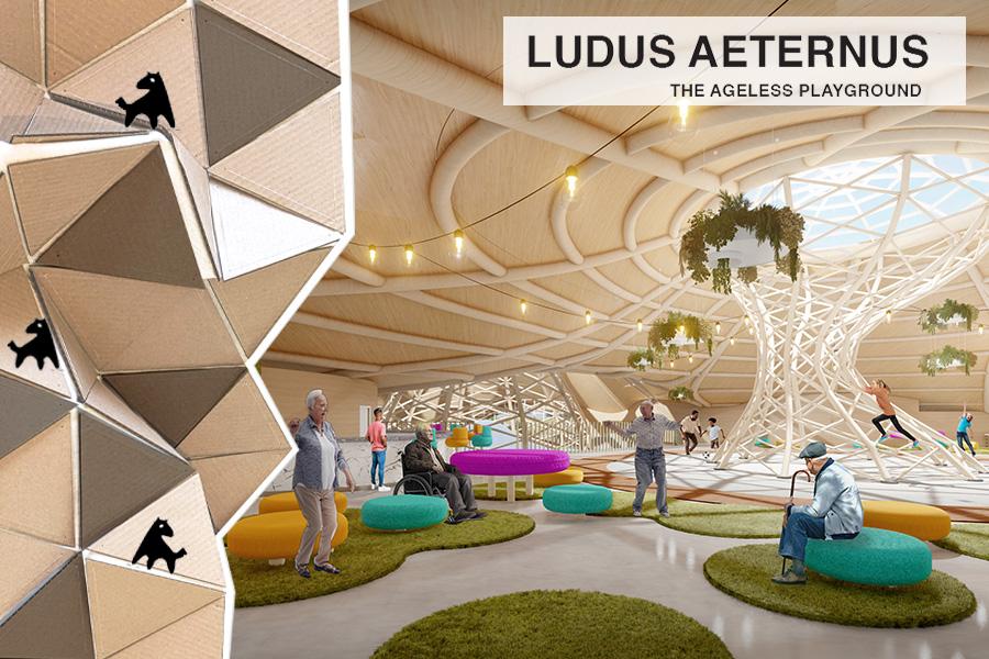 Modern indoor playground with elderly people socializing. Features geometric walls, a tree-like structure, colorful seating, and ambient lighting.
