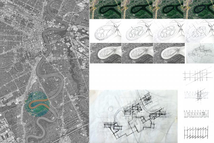 Aerial map with a sinuous river and highlighted circle on the left. Top shows green landscape patterns. Sketches of organic shapes, grids, and lines fill the right side.