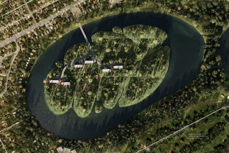 Aerial view of multiple green islands connected by a bridge over a large, oval-shaped body of water, surrounded by trees and a suburban area.