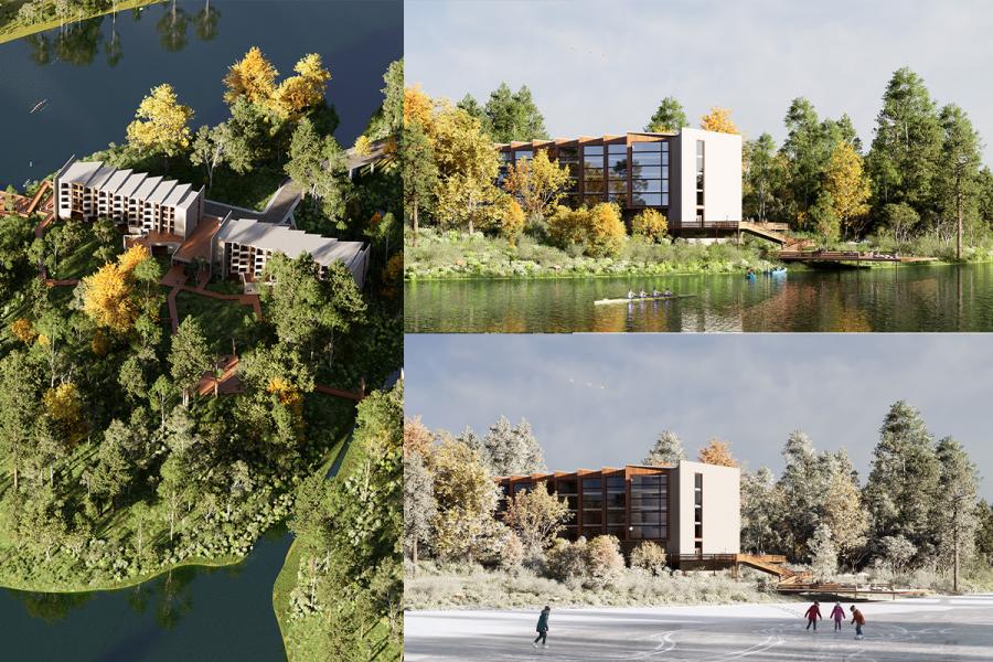 Aerial view of a modern building amid lush autumn foliage by a lake, with rowers on water. Below, winter setting with people skating on a frozen lake.