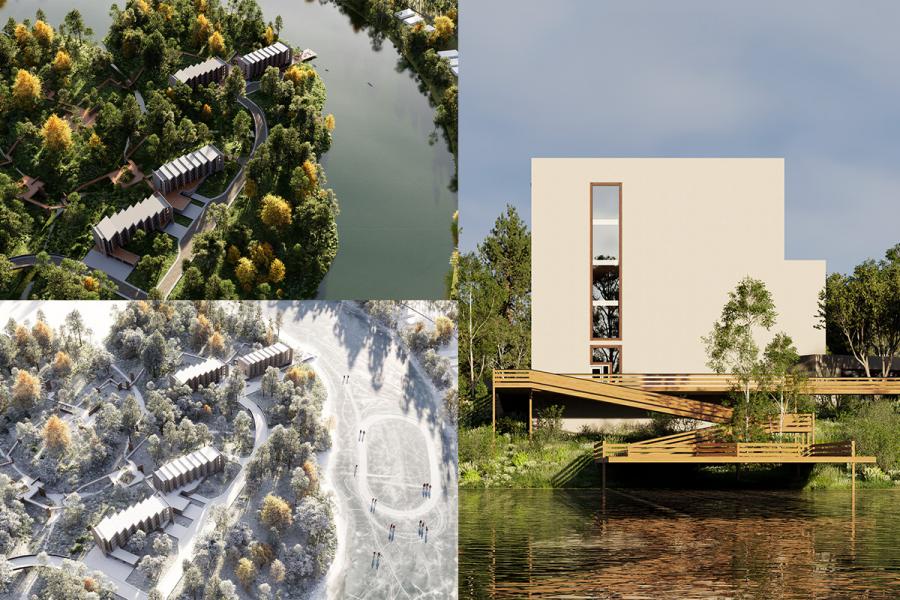 A split image shows aerial views of a wooded riverside community in summer and winter, and a modern building with wooden decks by the water, conveying tranquility.
