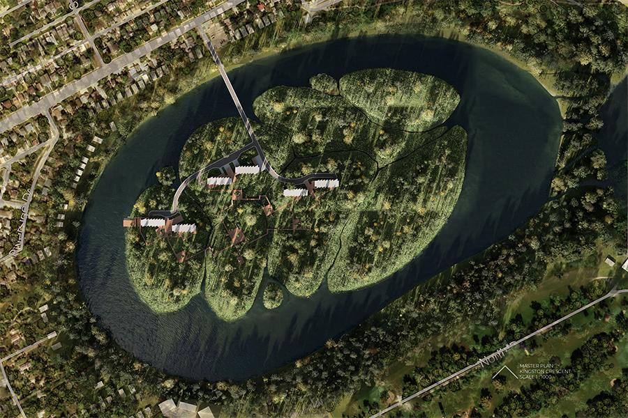 Aerial view of an island cluster in a lake, featuring several green islands with dense trees, connected by a bridge to surrounding urban roads.