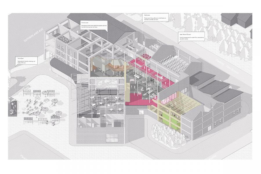 Isometric architectural diagram of a multi-level building, showing detailed interior sections with distinct areas in gray and magenta tones.